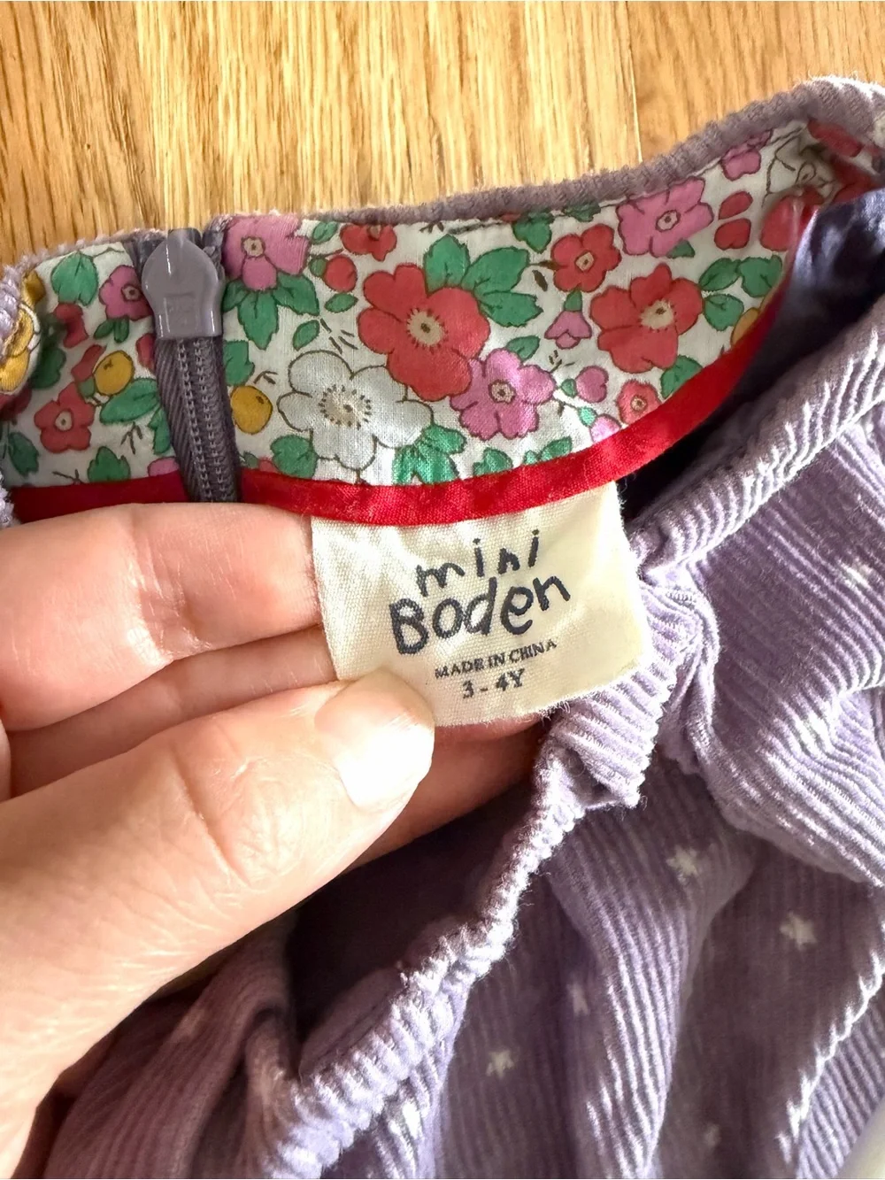 Mini Boden Purple Corduroy Robin Bird Star Print Jumper Dress Size 3-4 Year